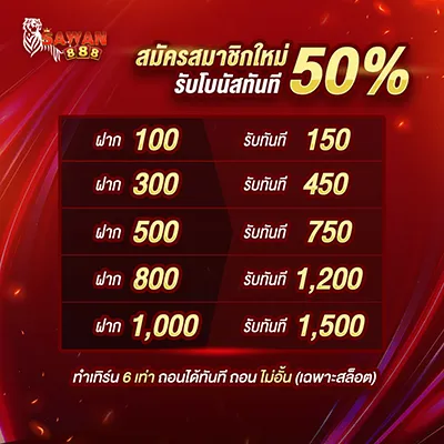 โปรสมาชิกใหม่ รับเพิ่ม ทันที 50 %
